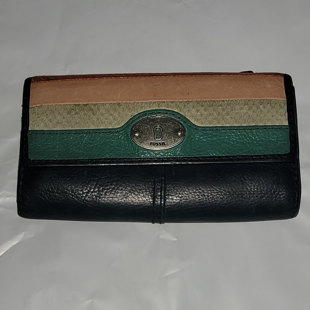 Fossil Wallet Women Leather Blue Multicolor Vintage Tricolor